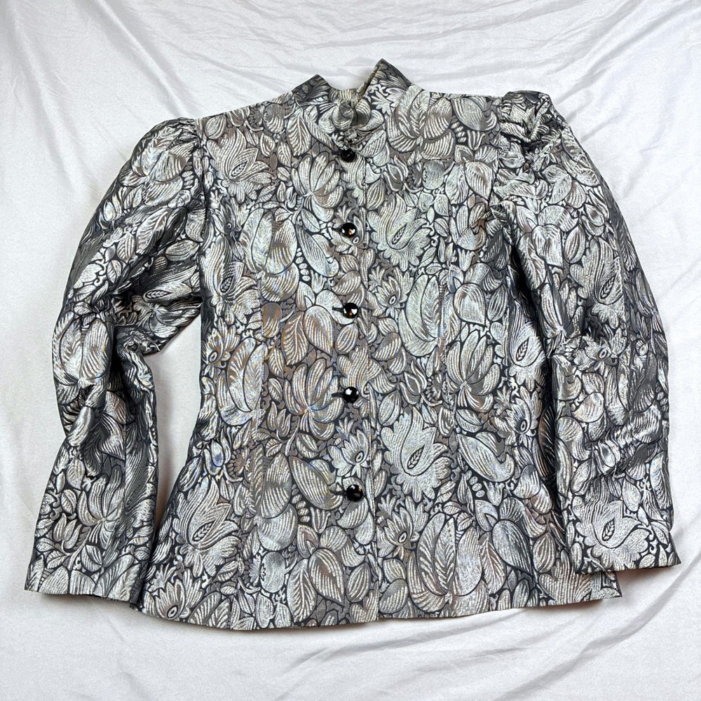 Guy Laroche Brocade Jacket Womens 36 Silver Floral Metallic VTG Boutique France